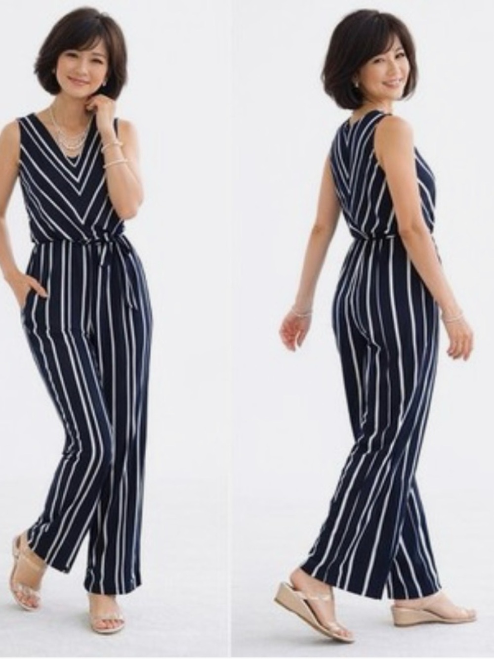 Chico’s sz 2 (L) Knit kit Sleeveless Navy & White Striped V-Neck Jumpsuit NWT